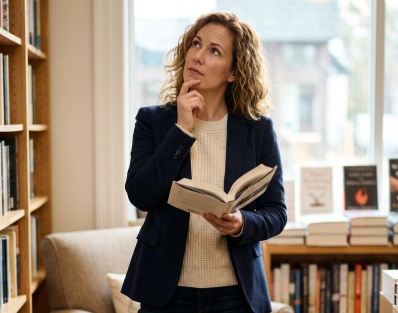 A nonfiction author pausing mid-page in a bookstore, weighing her options