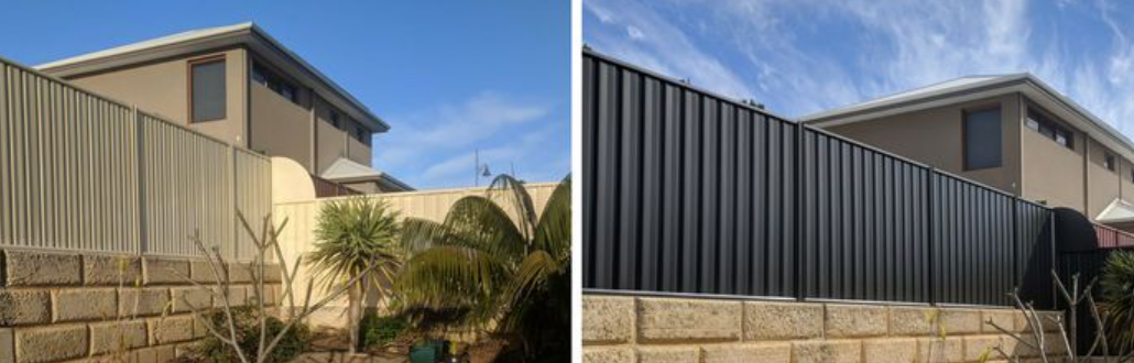 Before and After - Old beige fence transformed to modern dark Colorbond fence
