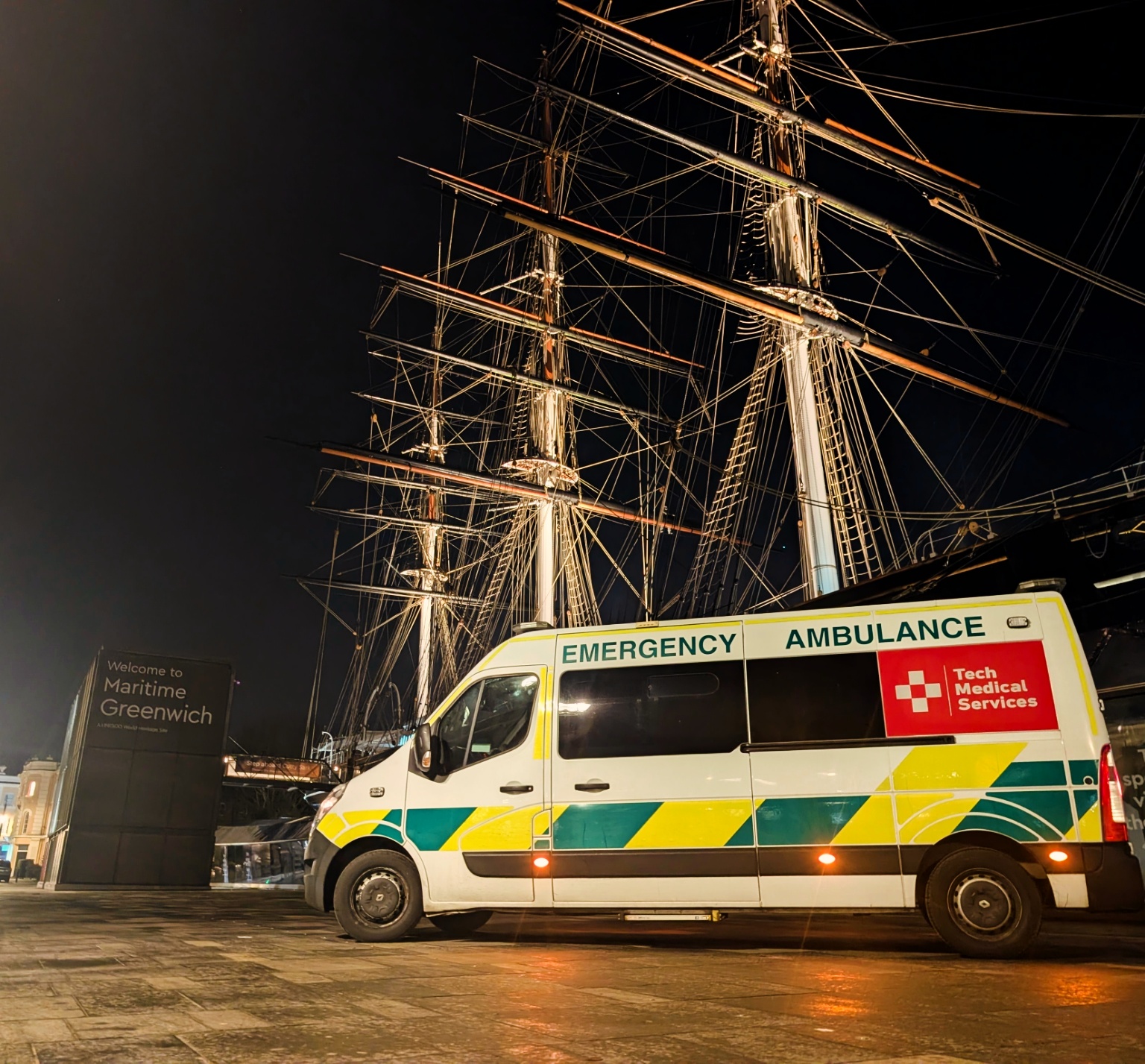 Tech Medical Services ambulance on night deployment at Maritime Greenwich