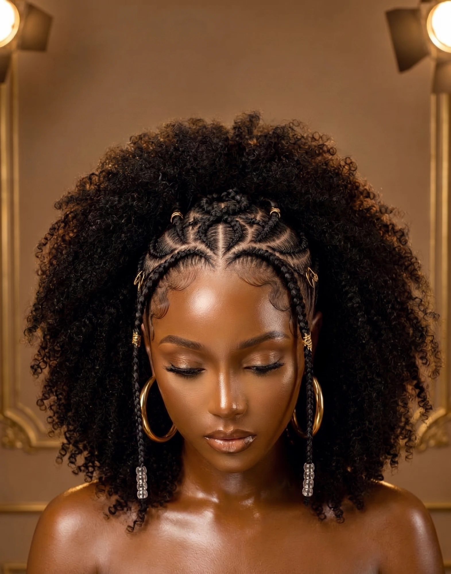 Cornrow braids with natural curls and gold accessories, Luxe by Edialo