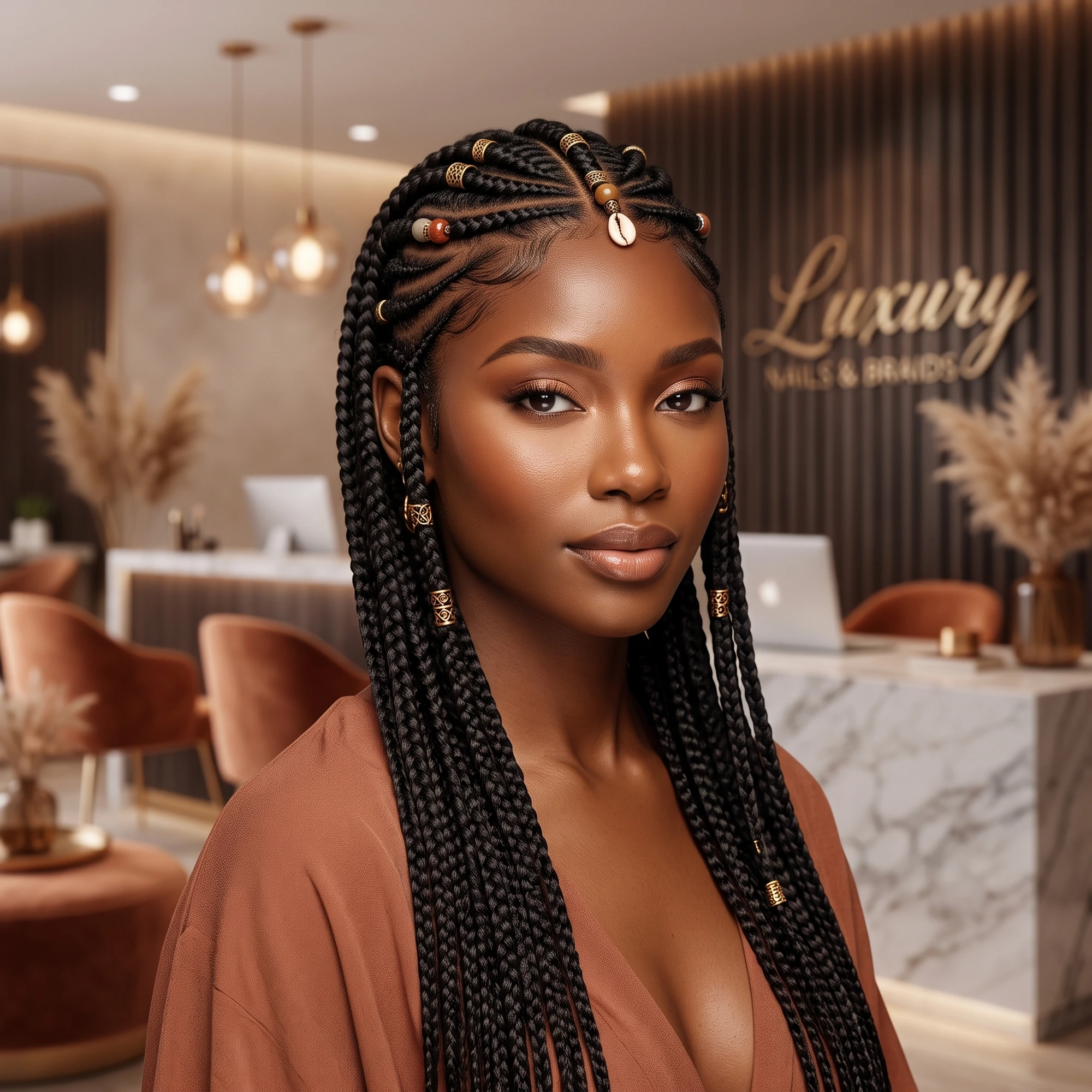 Client with Fulani braids in the Luxe by Edialo luxury studio