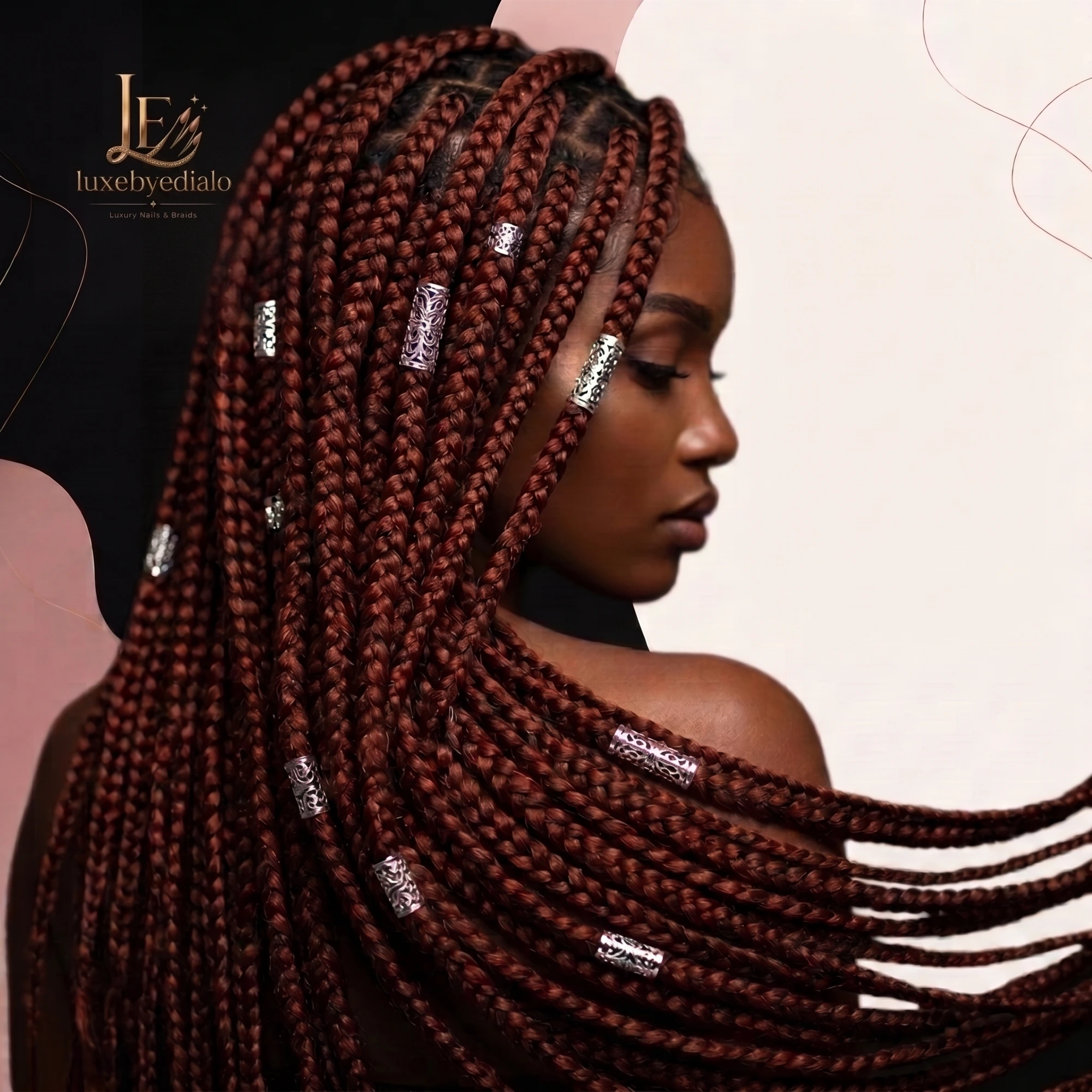 Mahogany box braids with silver cuffs by Luxe by Edialo