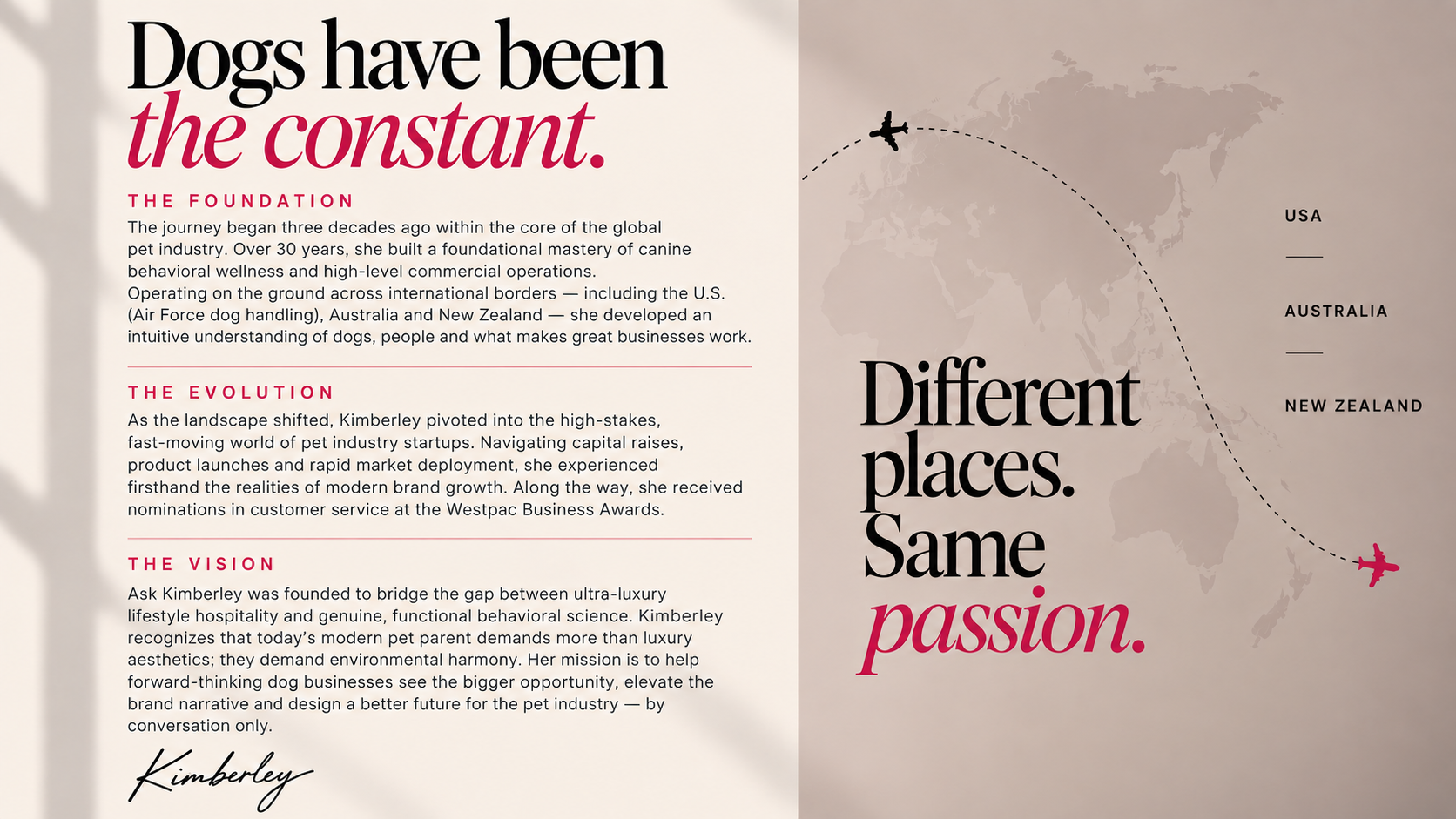 Dogs have been the constant — different places, same passion. Book a Consult.