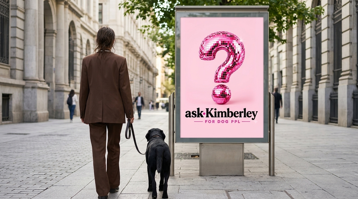 Ask Kimberley street poster — a woman walking her dog past the disco question mark billboard
