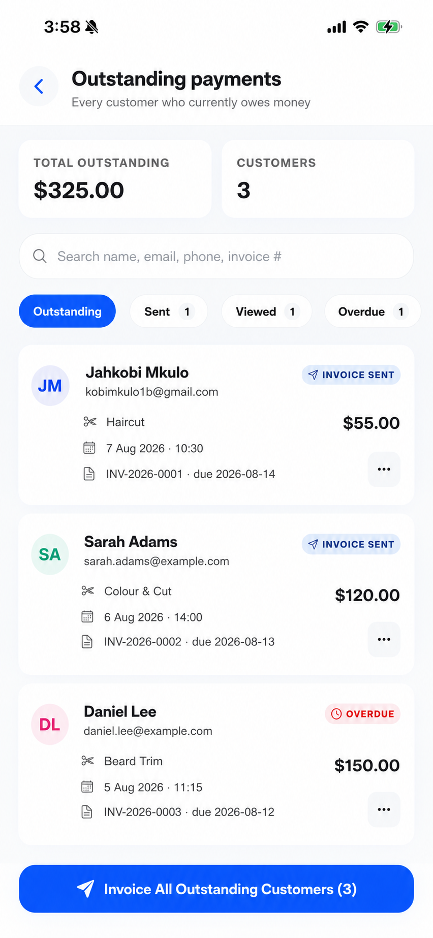 Outstanding Payments dashboard — total owed, per-customer list, and one-tap invoice all outstanding
