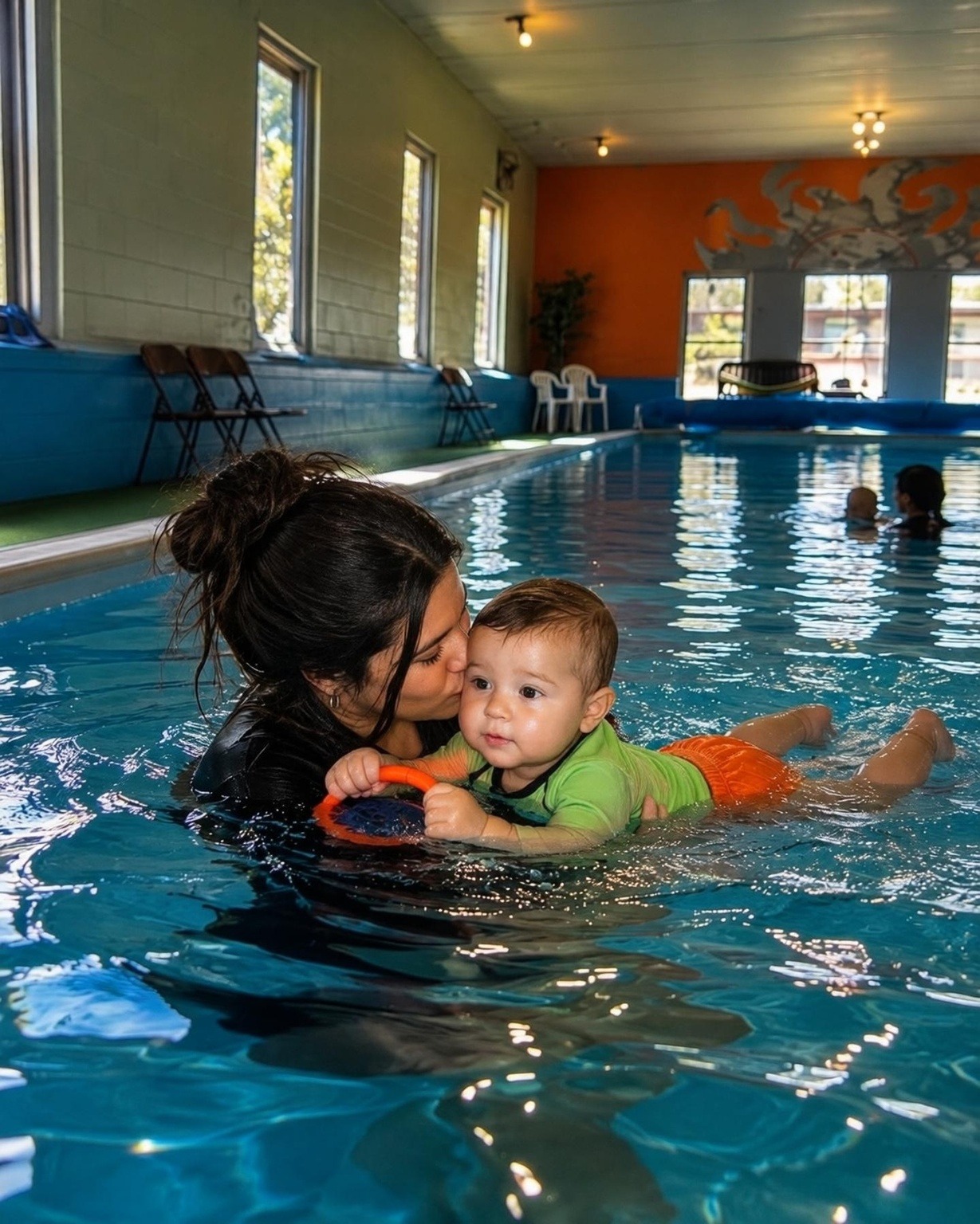Coach giving a baby a kiss during a lesson