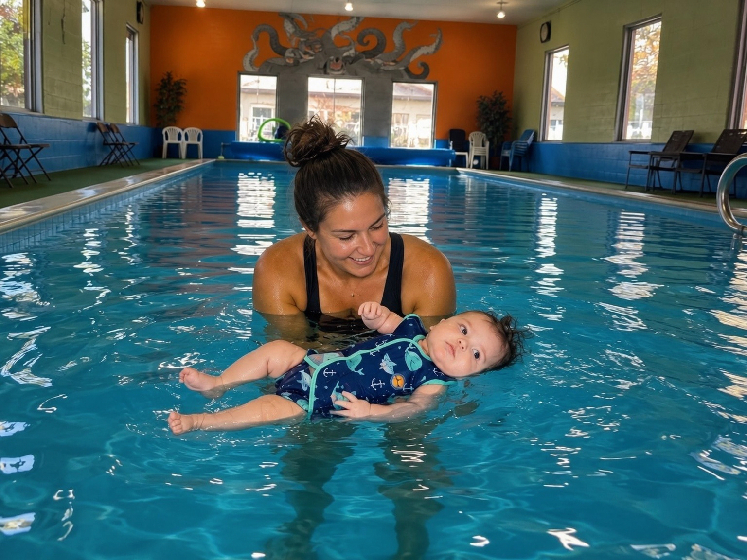 Parent and baby back floating together in the indoor pool