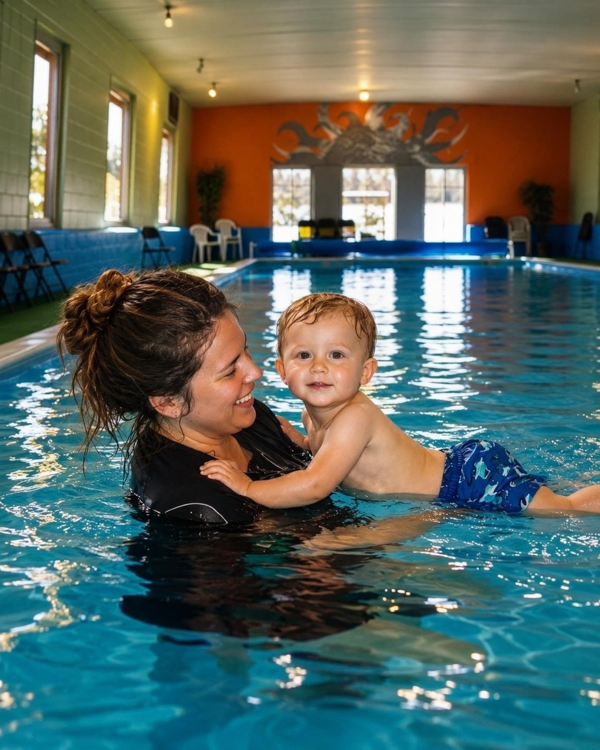 Coach smiling with a young swimmer during a one-on-one lesson