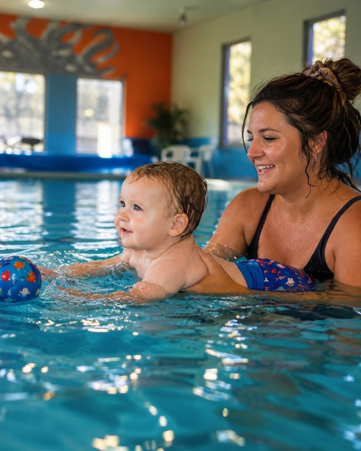 Baby reaching for a ball with coach support