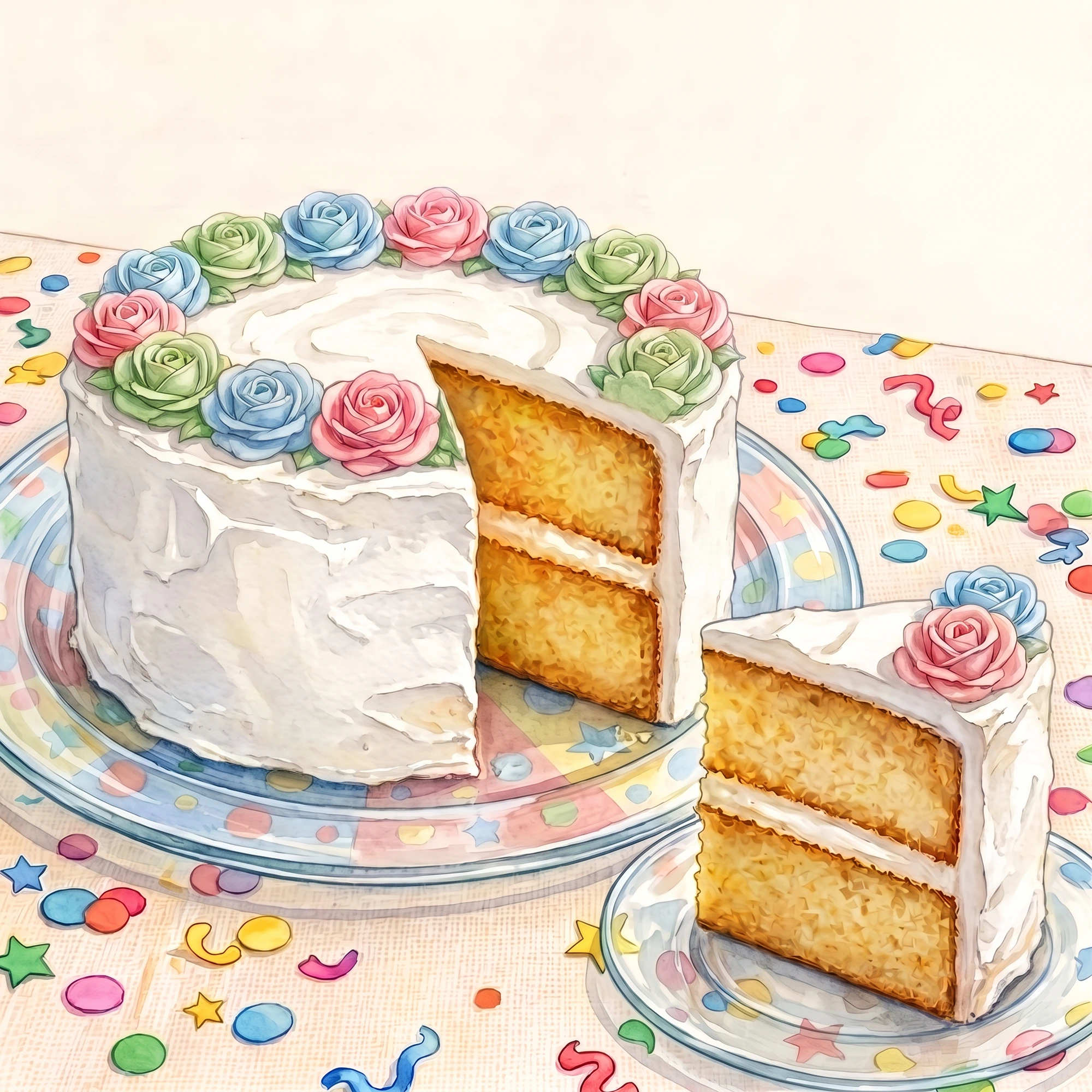 Watercolor celebration cake with pastel roses