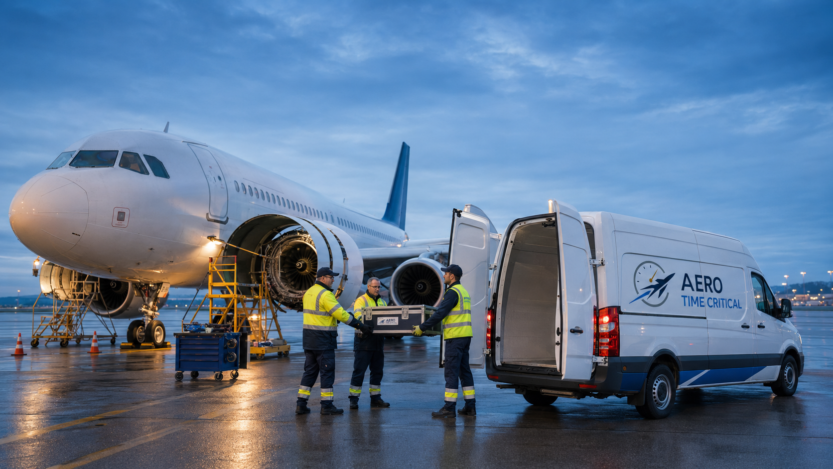 Aero Time Critical branded van delivering an urgent aircraft part beside an aircraft under maintenance at dusk