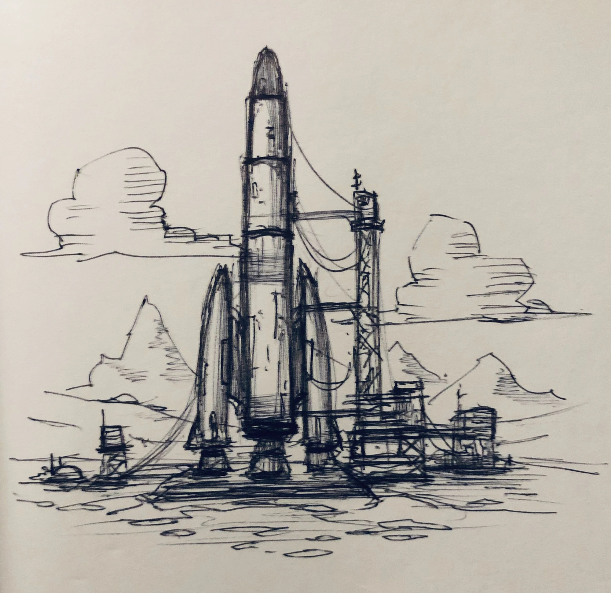 Ink sketch of a rocket on its launchpad