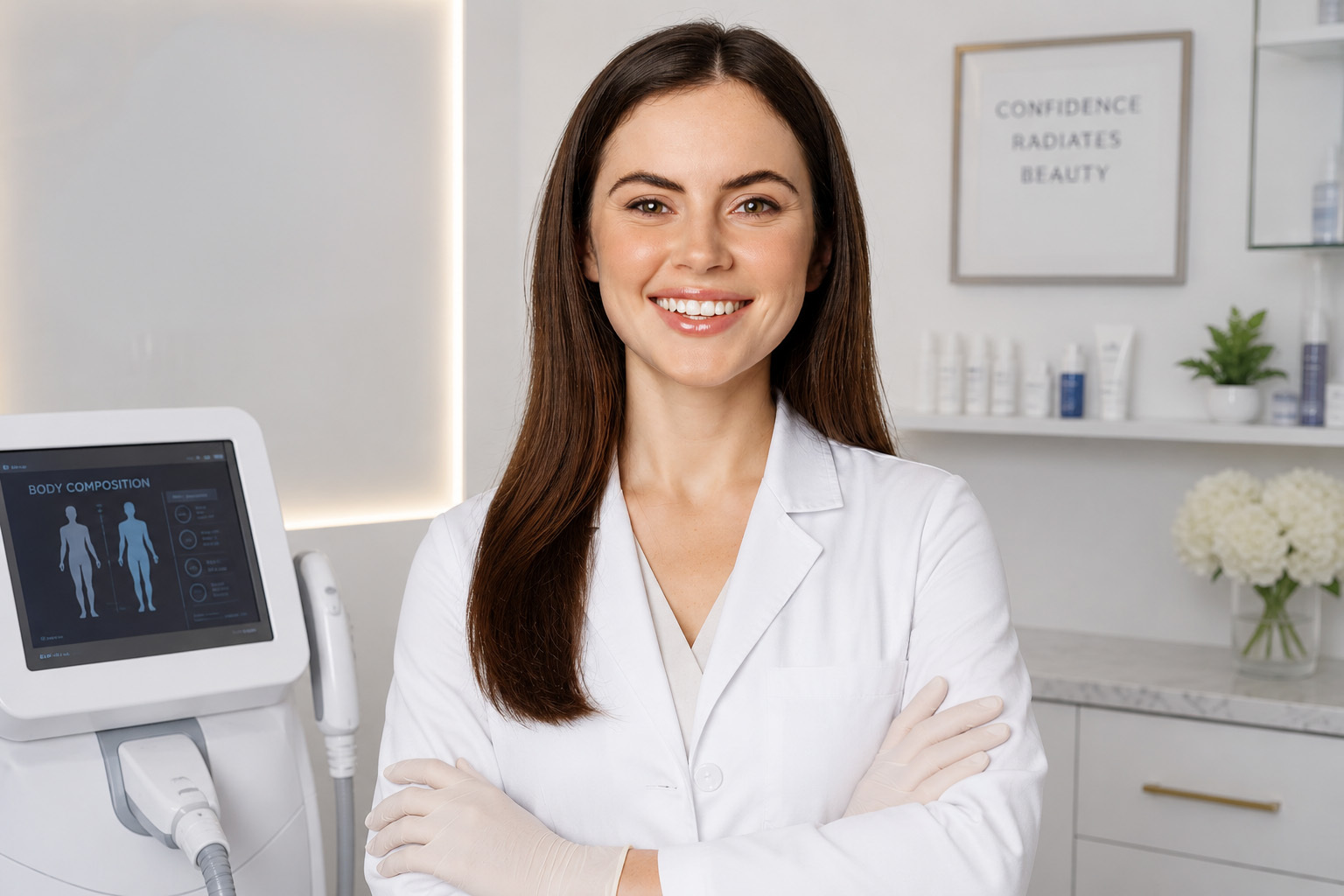 Body Slim clinician in the Atlanta clinic with a 3D body-composition scanner