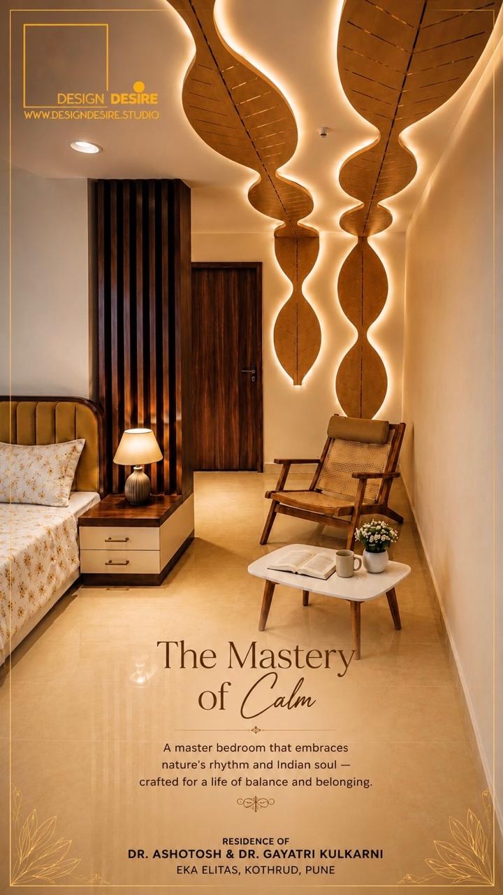 Master bedroom — leaf-form backlit ceiling, teak fluted panel & cane armchair