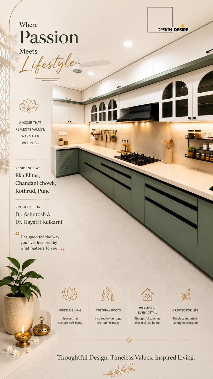 Modular kitchen — sage-green cabinetry & arched glass overheads
