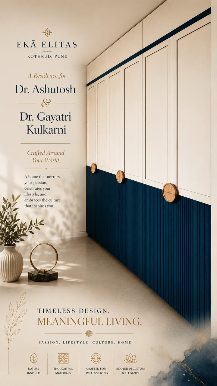Bespoke wardrobe wall — ivory panelling, navy fluted base & wooden pull-knobs