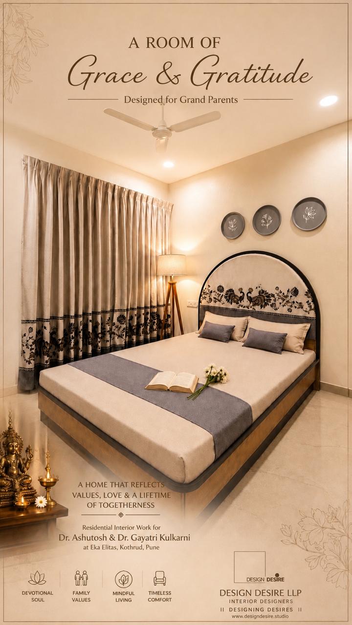 Grandparents' room — arched headboard, block-print curtains & mandir corner