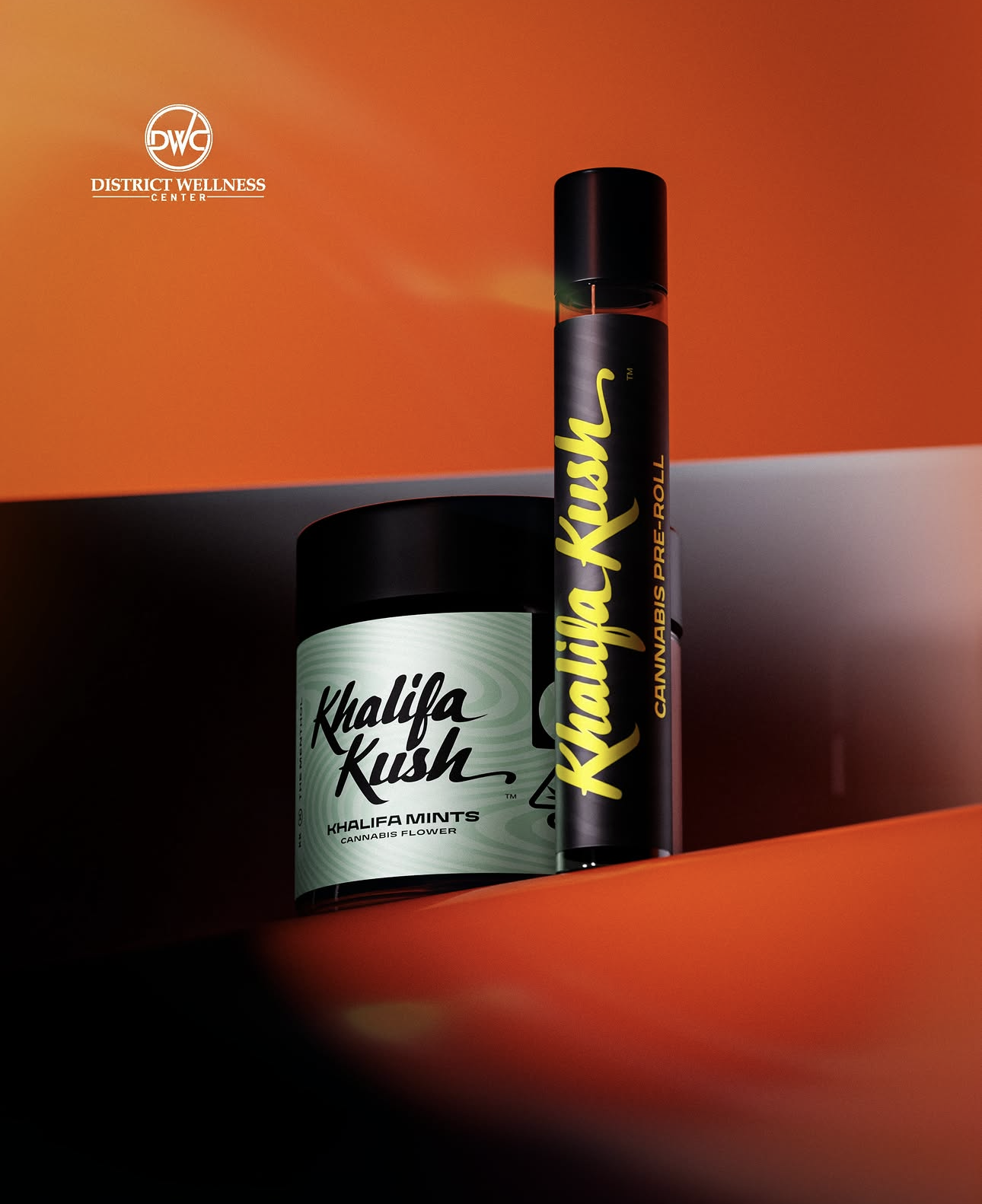 Khalifa Kush cannabis pre-roll and Khalifa Mints flower jar at District Wellness Center, Washington DC
