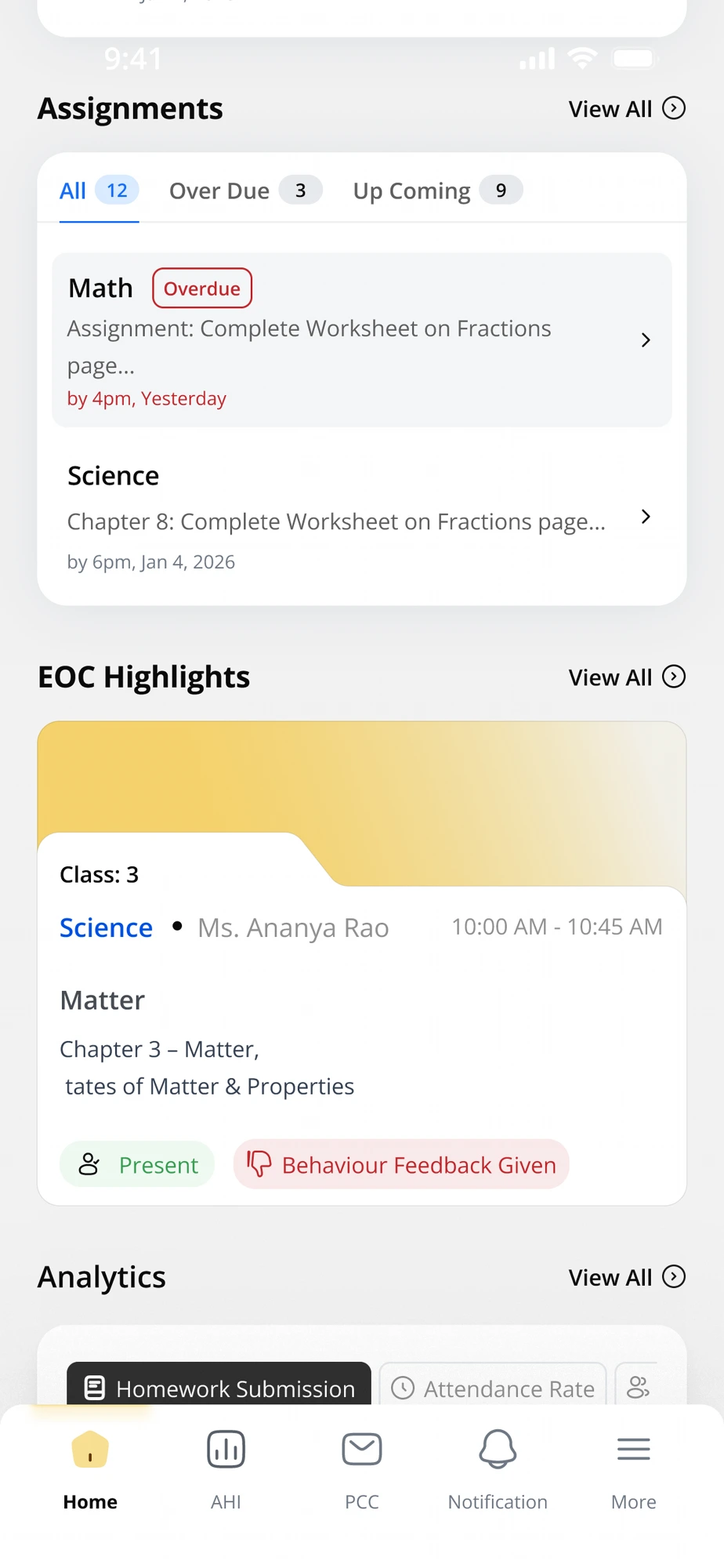 PARTECON Parent App — Assignments & EOC Highlights