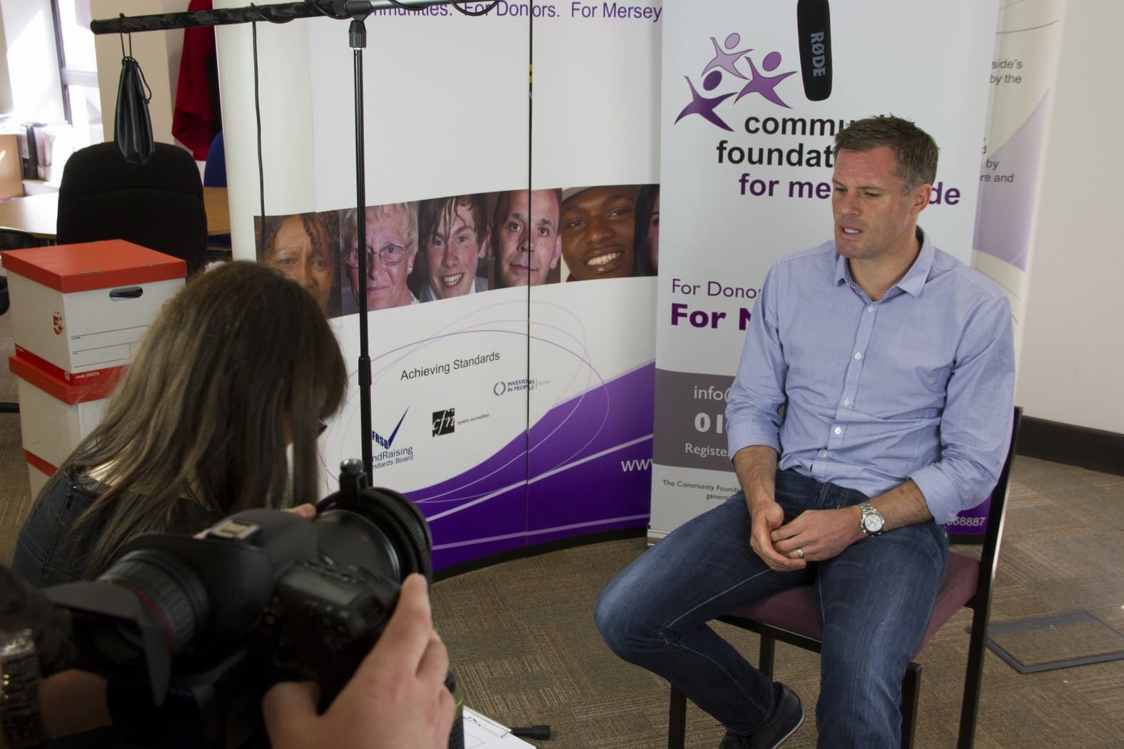 Charity interview being filmed on location by the Yellow team