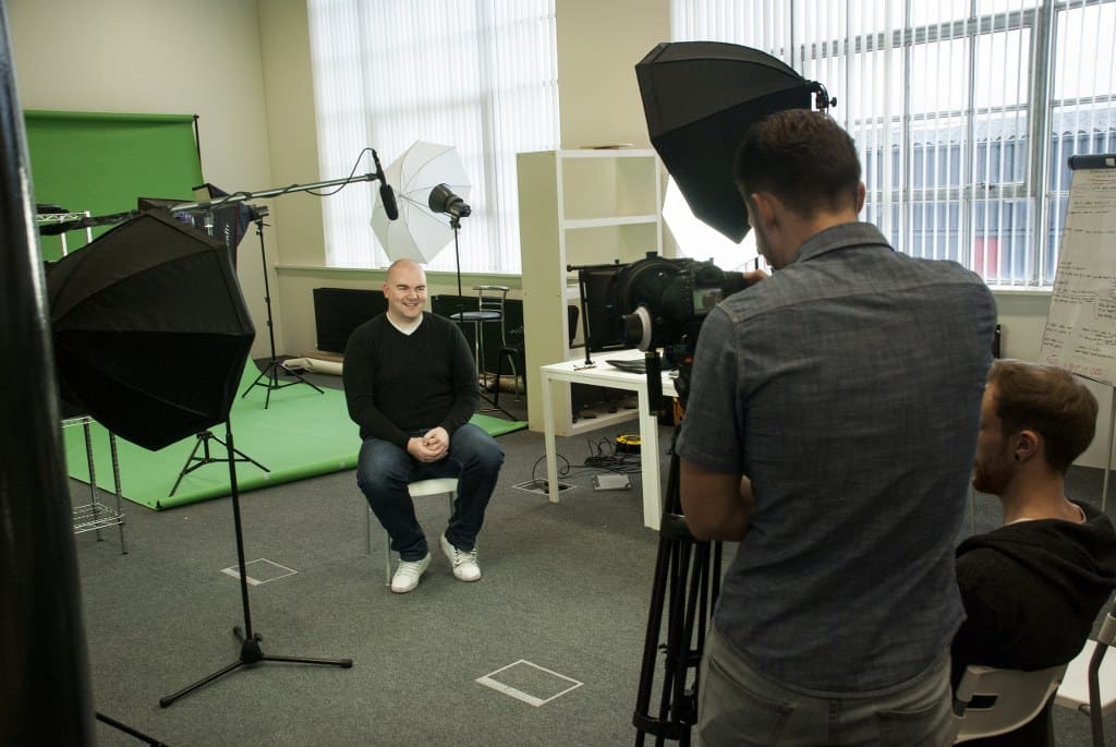 Talent presenting to camera on the Yellow set in Liverpool
