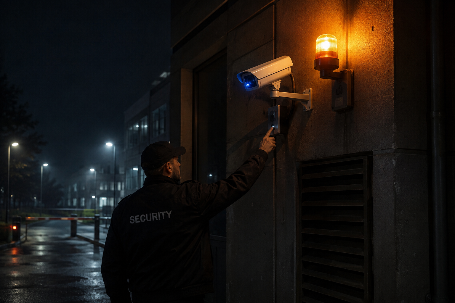FSS security officer checking CCTV and alarm systems at night
