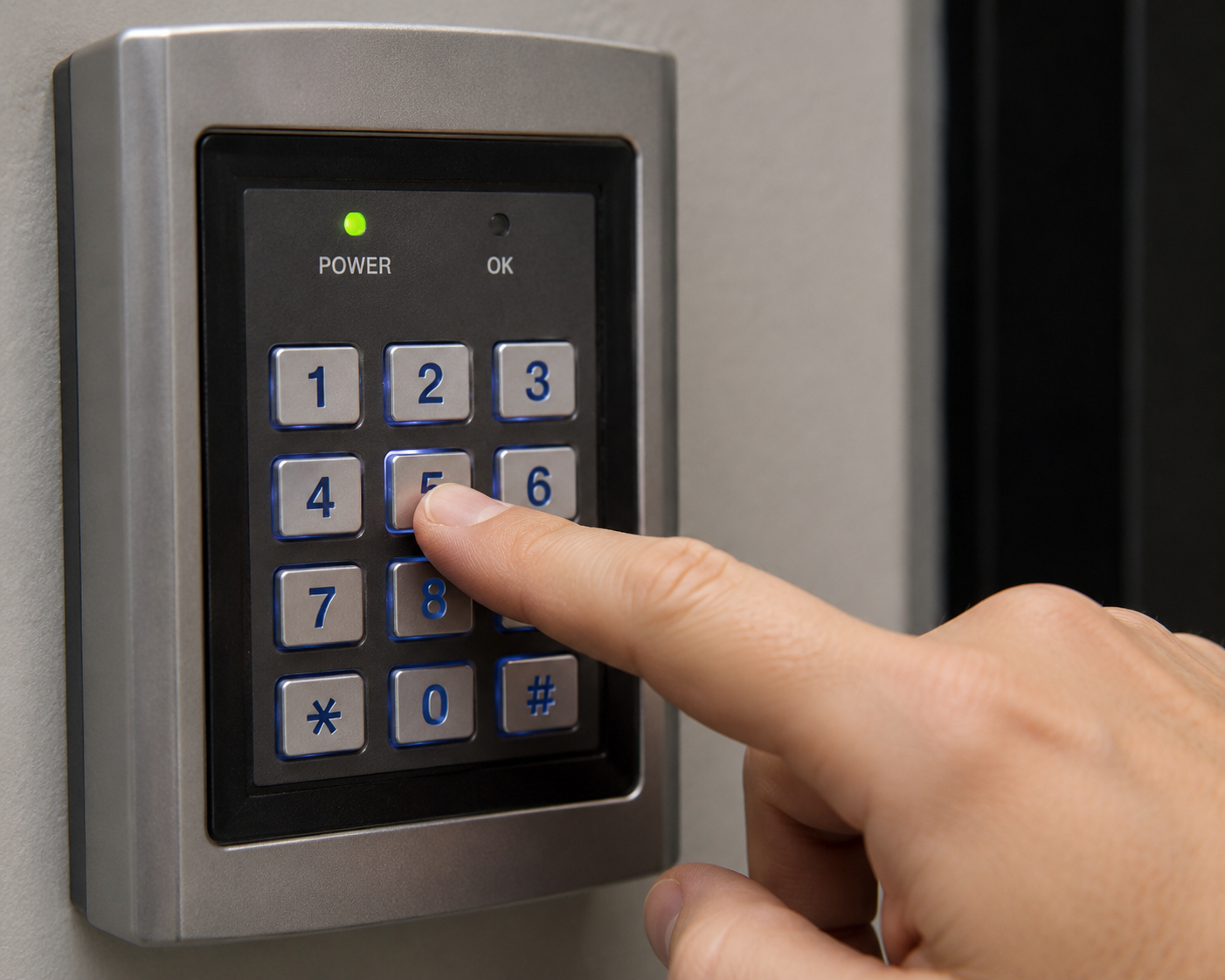 Access control keypad being used at a commercial entry point