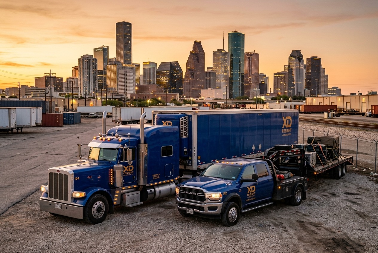 XD FREIGHT dually hotshot truck with gooseneck trailer on a Houston highway