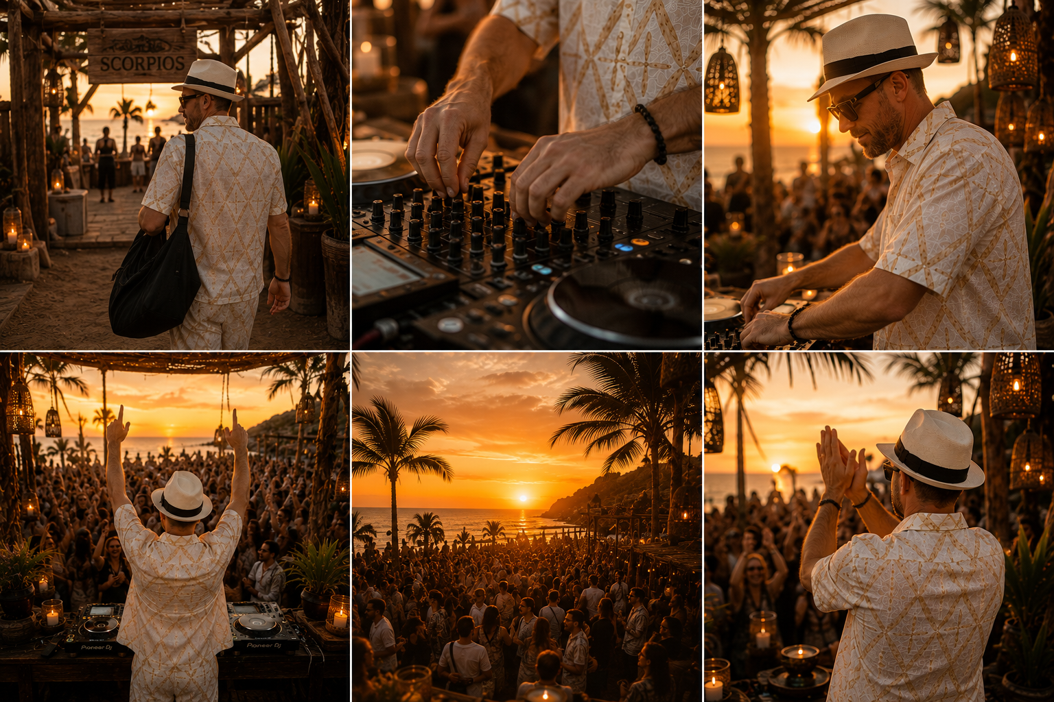 Irwan Craw performing at sunset — Scorpios, Mykonos live atmosphere