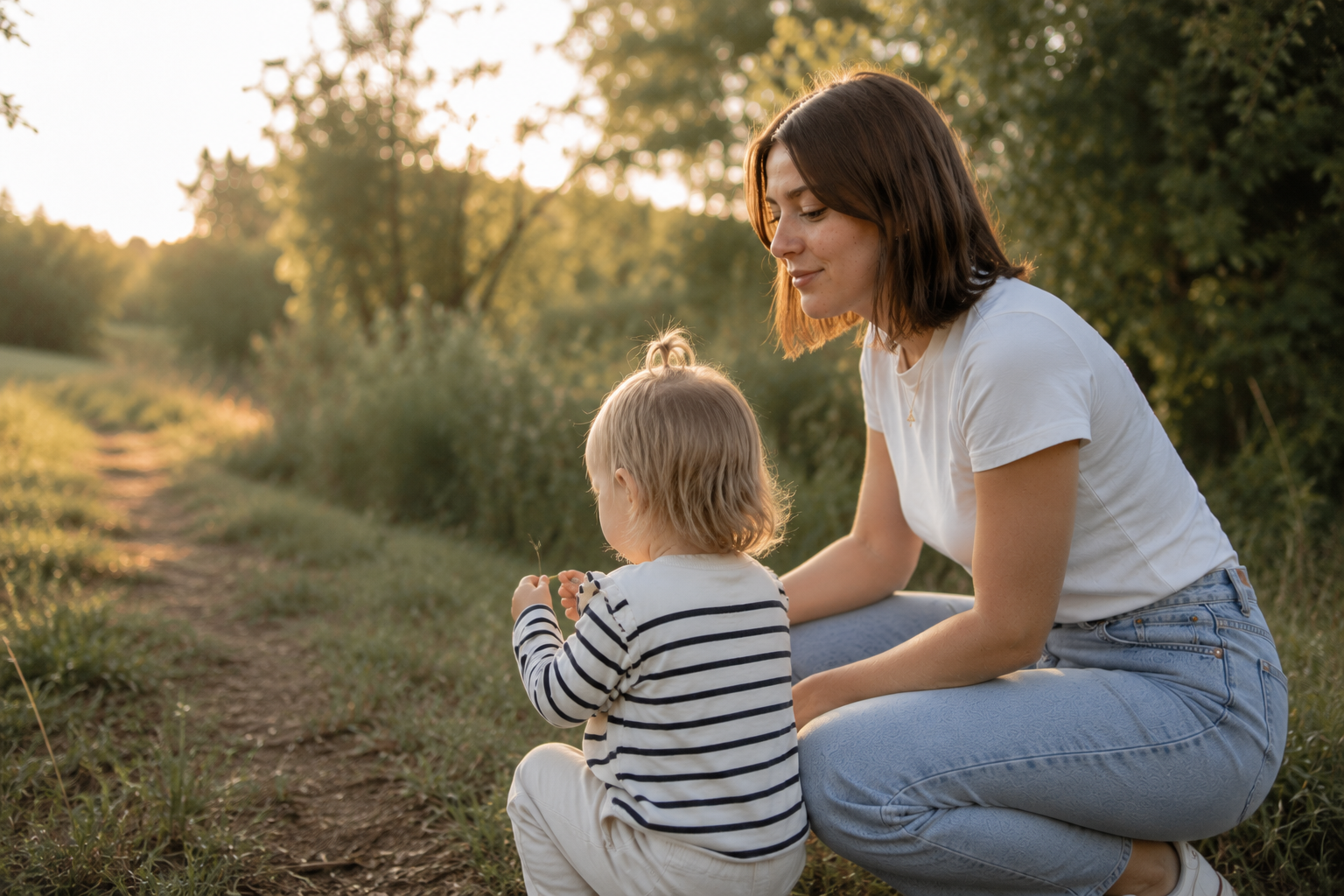 Une maman et son enfant en pleine nature au coucher du soleil