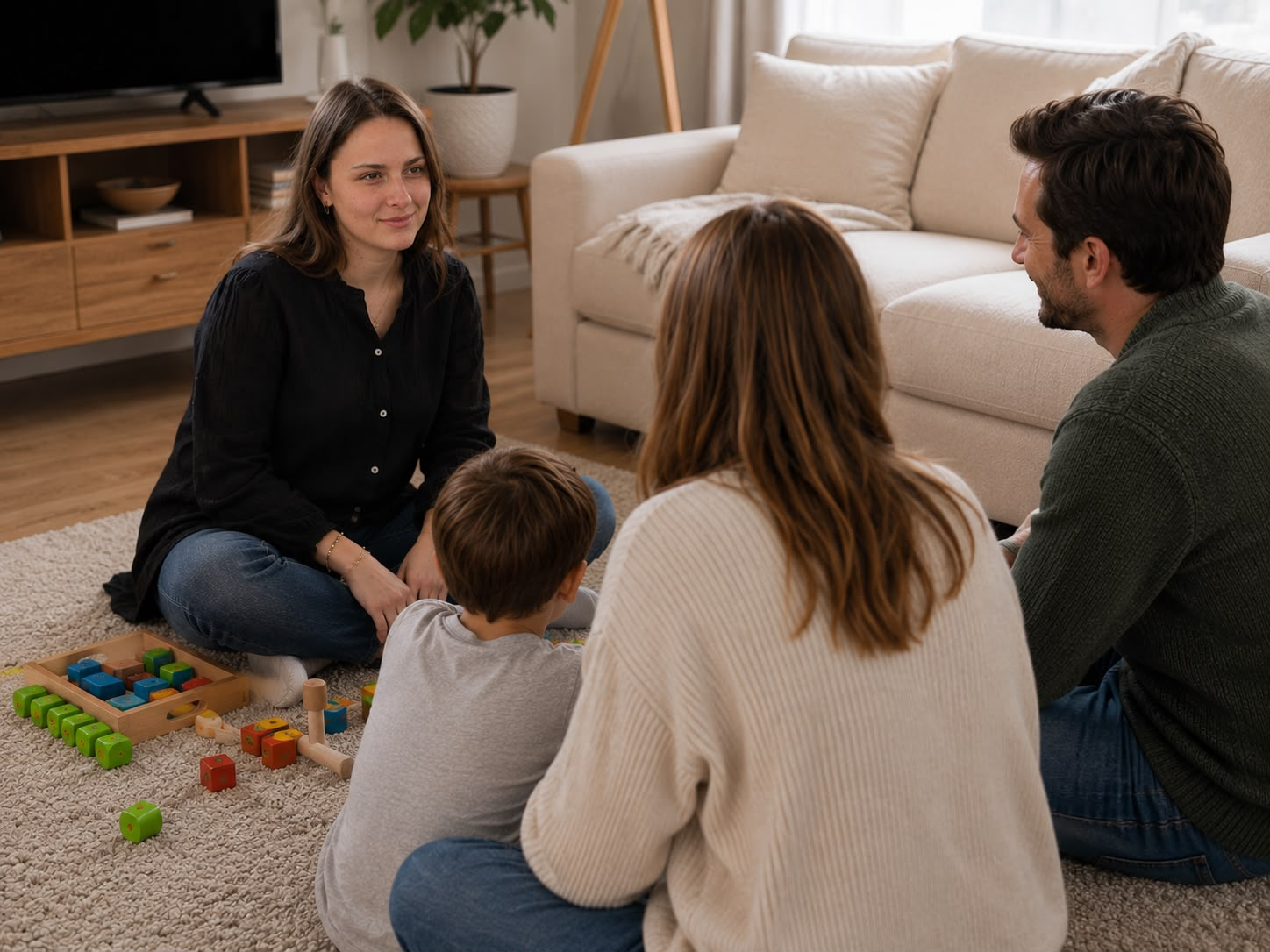 Léa en séance de conseil parental à domicile avec une famille