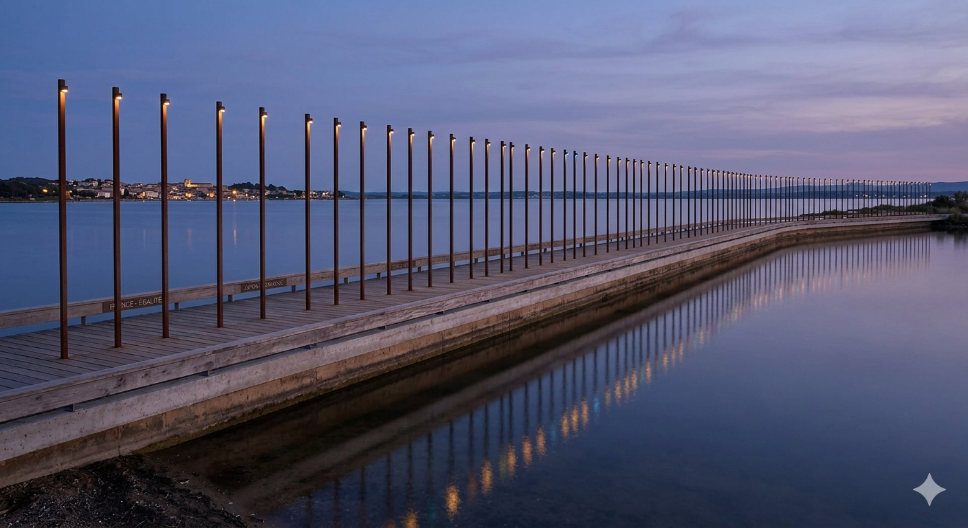 Le Fil, installation lumineuse sur la promenade de l'étang de Thau — mâts poétiques au crépuscule