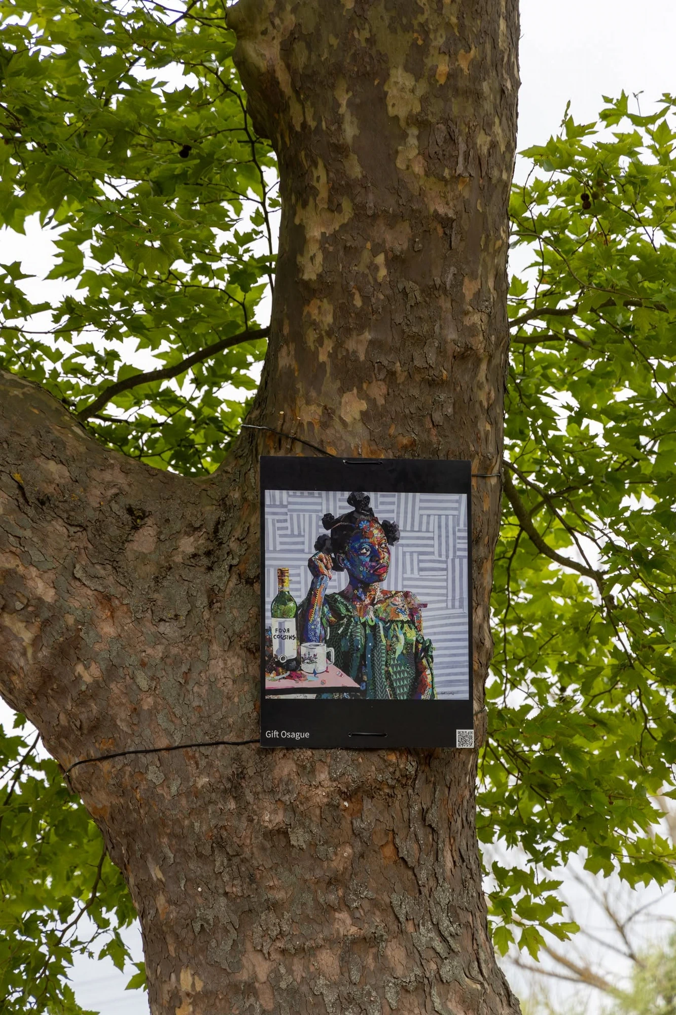 Œuvre de Gift Osague · exposée sur les platanes du canal