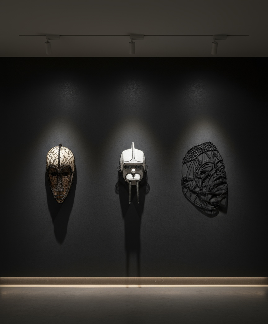 Trois visages du monde — proposition d'installation intérieure, dialogue silencieux entre les continents