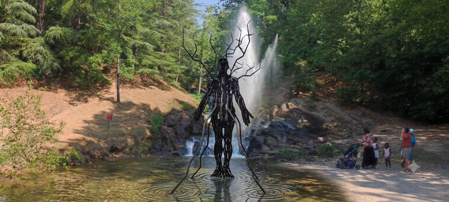 Sculpture de Michel Batlle devant la cascade de Saint-Ferréol