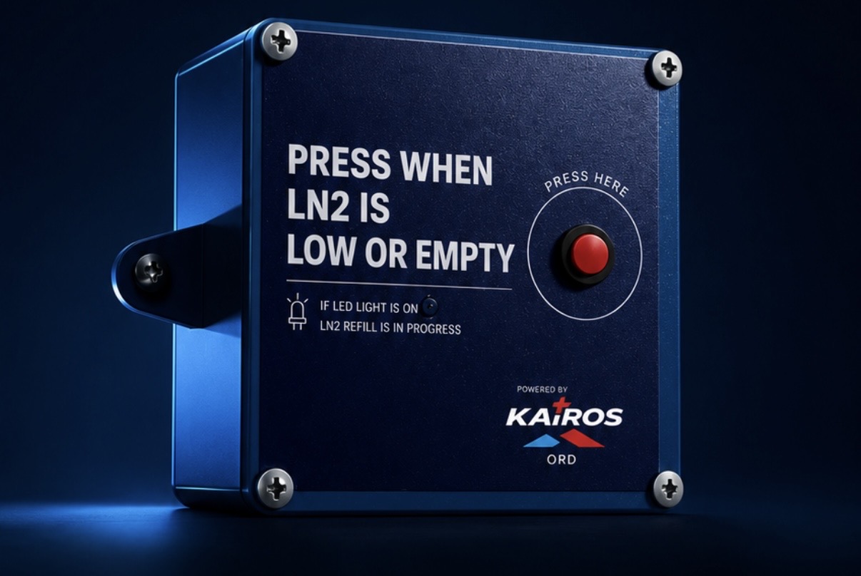 Kairos LN₂ Alert Button — press-when-empty device with red button and Kairos ORD branding