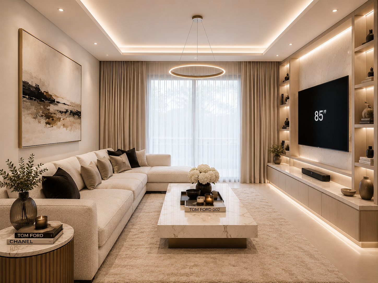 Luxury renovated Dubai apartment with bespoke joinery and designer lighting