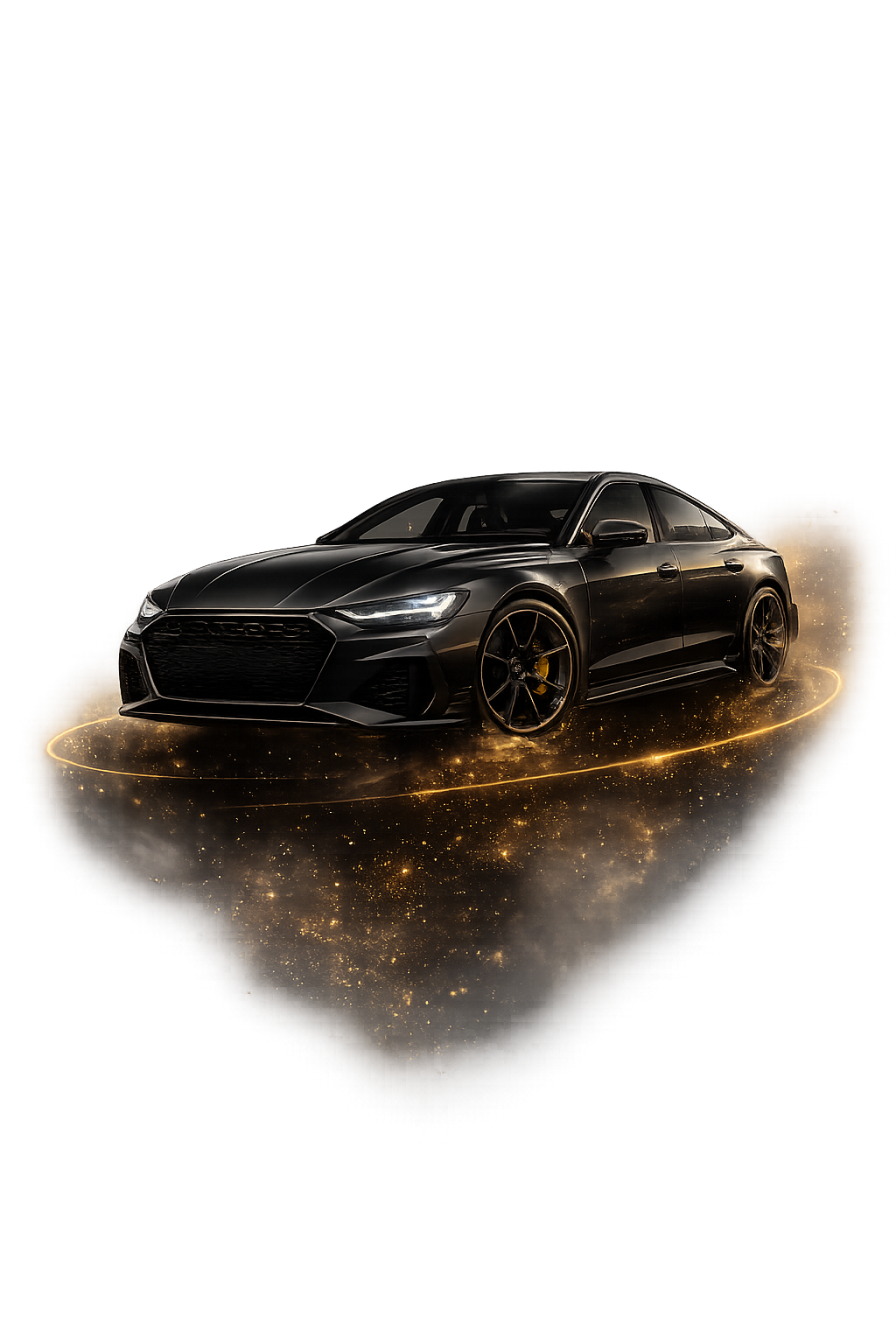 Black luxury sports sedan floating in gold particle atmosphere — PUREGARAGE Digital Garage centerpiece