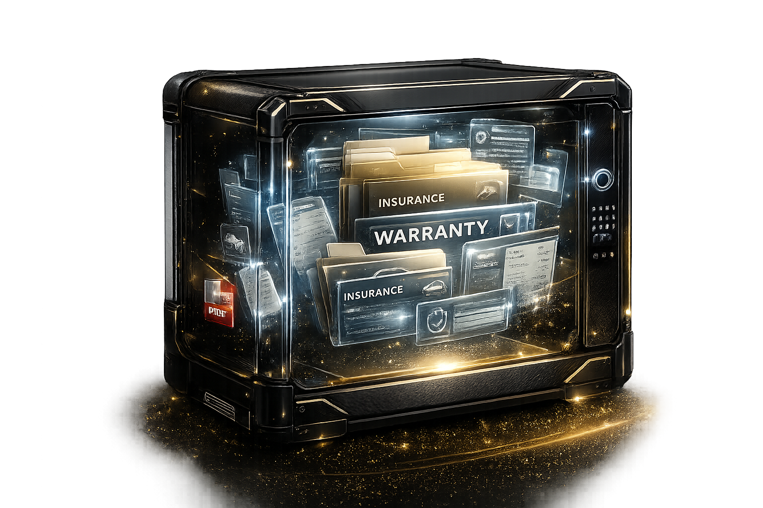 PUREGARAGE secure document vault — a premium black safe holding registration, insurance, warranty and service documents