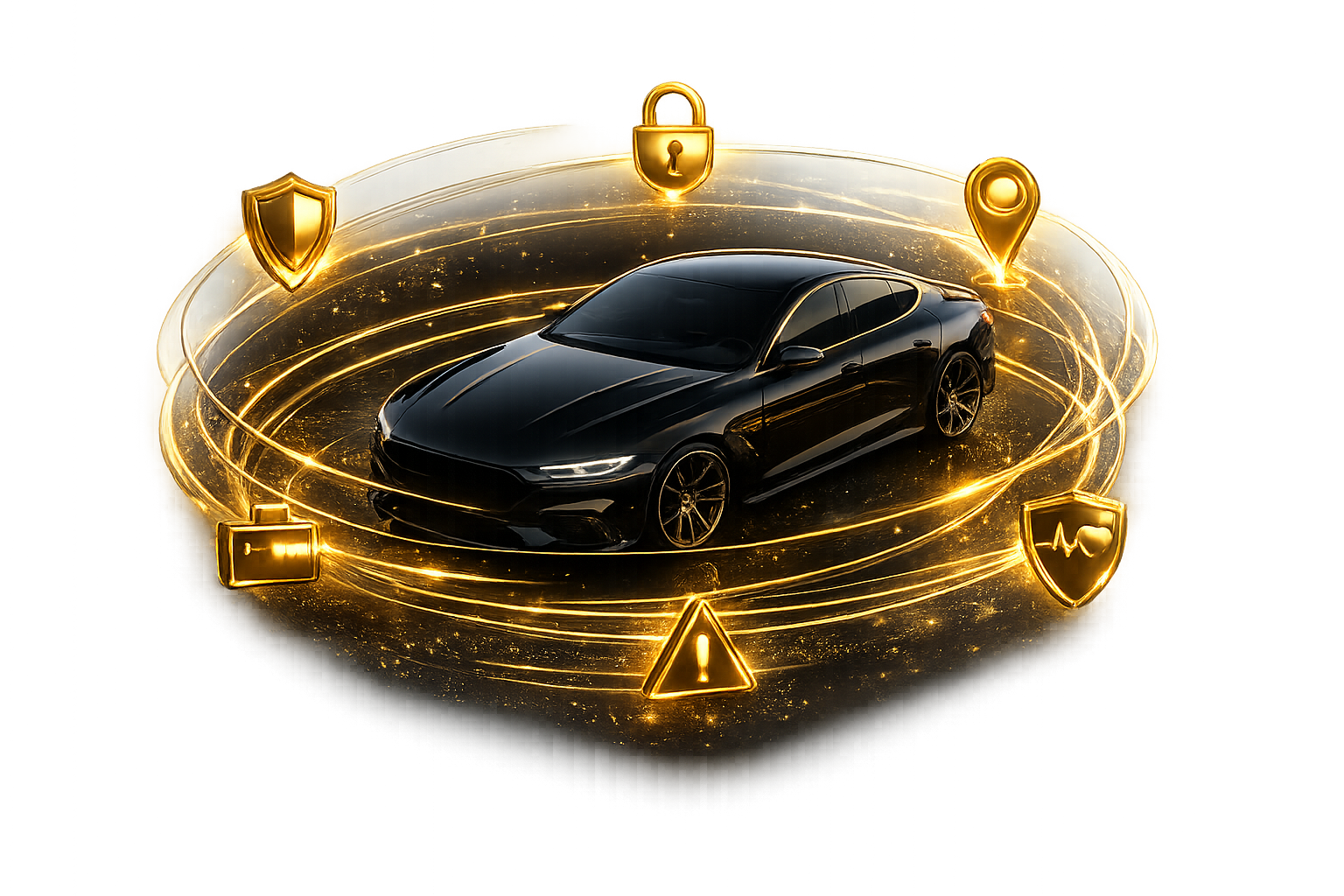PUREGARAGE Protection — luxury sedan encircled by gold protection rings with security, warranty, monitoring and health guardians