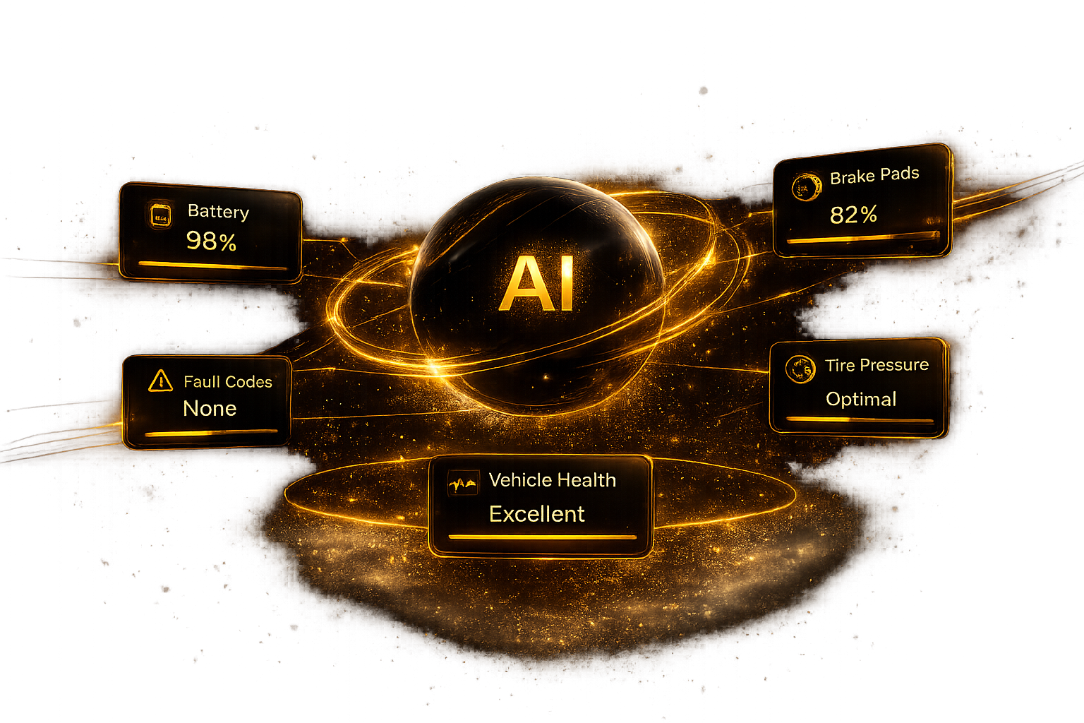 PUREGARAGE AI vehicle intelligence analyzing battery, brake pads, tire pressure, fault codes and vehicle health.