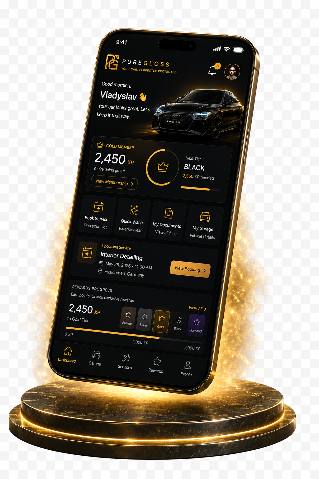 PUREGLOSS mobile app — dashboard with rewards, booking and services