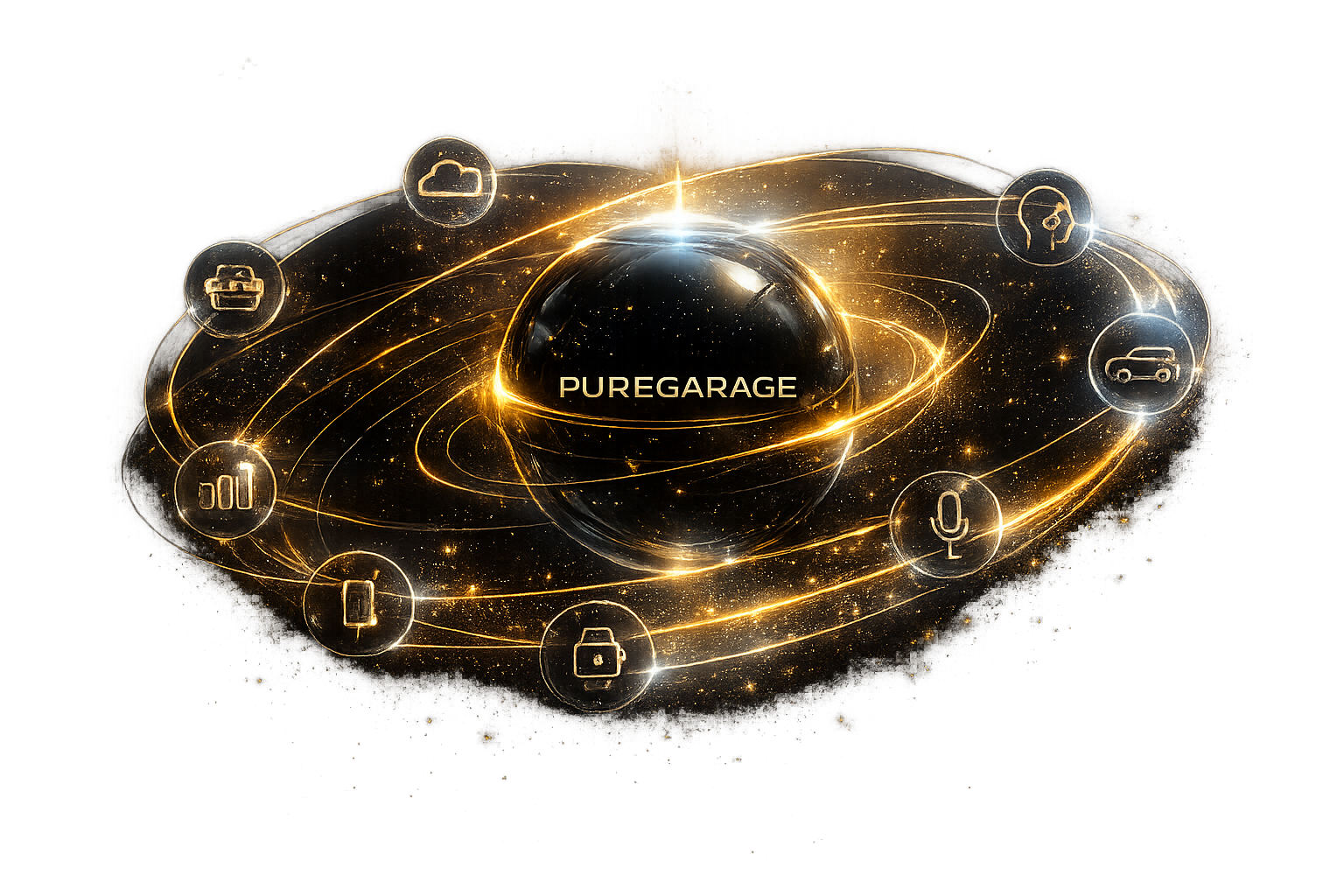 PUREGARAGE future ecosystem — orbital visualization of upcoming AI, connectivity, wearable, EV and voice features