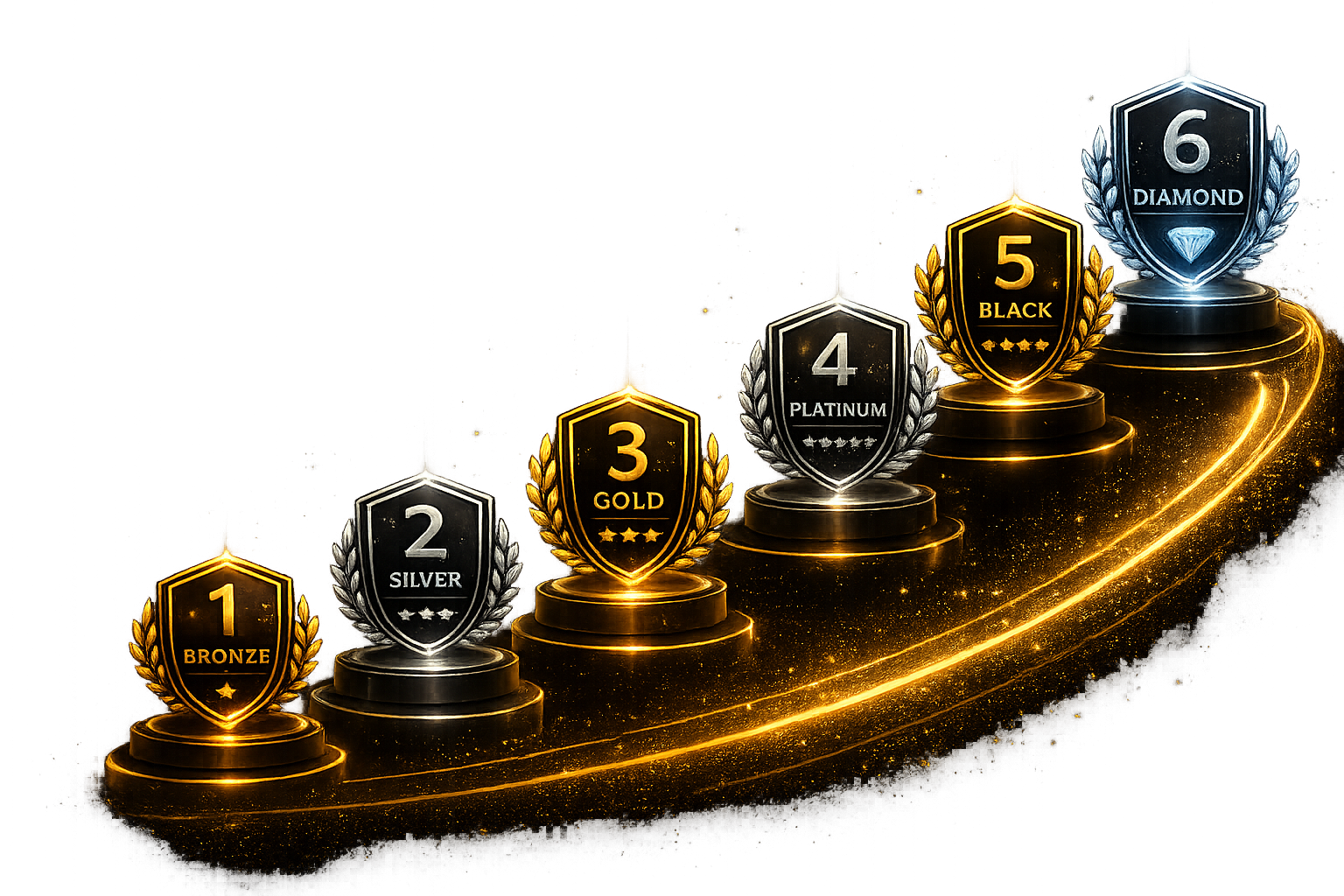 PUREGARAGE progression system — Bronze, Silver, Gold, Platinum, Black and Diamond garage levels rising along a golden path