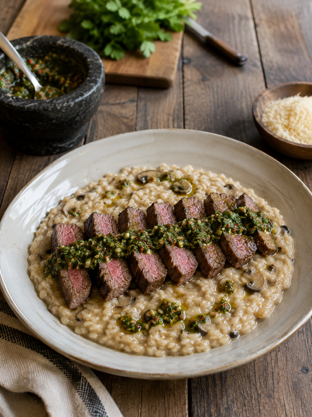 Mushroom Risotto with Steak & Chimichurri