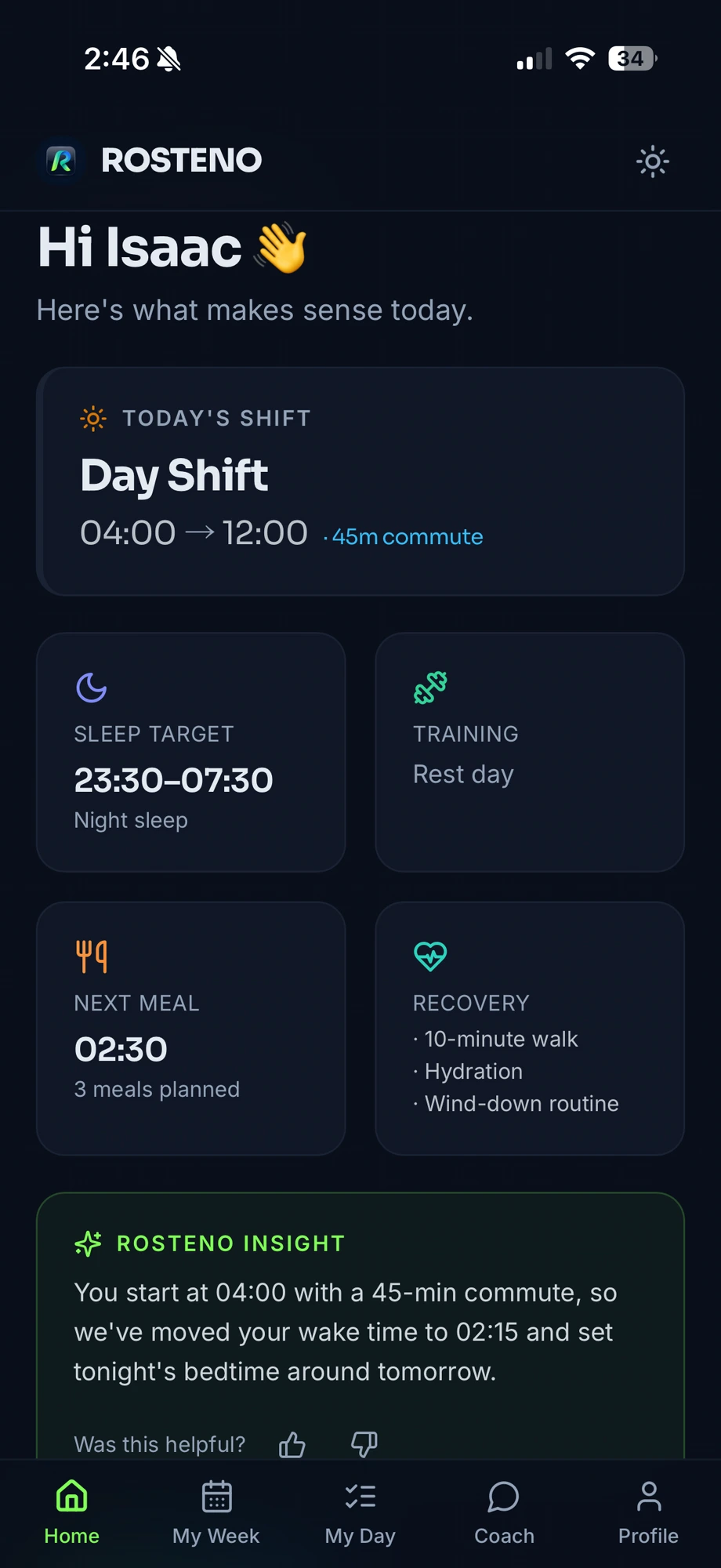 ROSTENO Home screen with today's shift, sleep target, training and meals