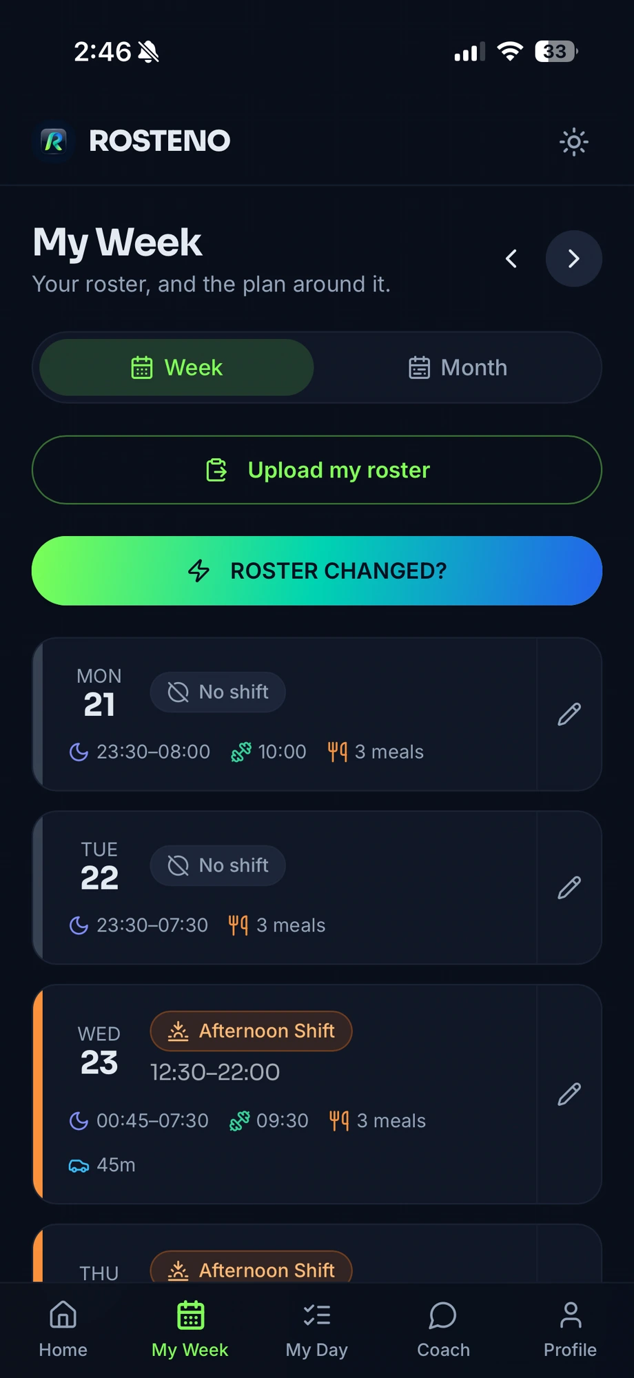 ROSTENO My Week screen showing the roster and plan