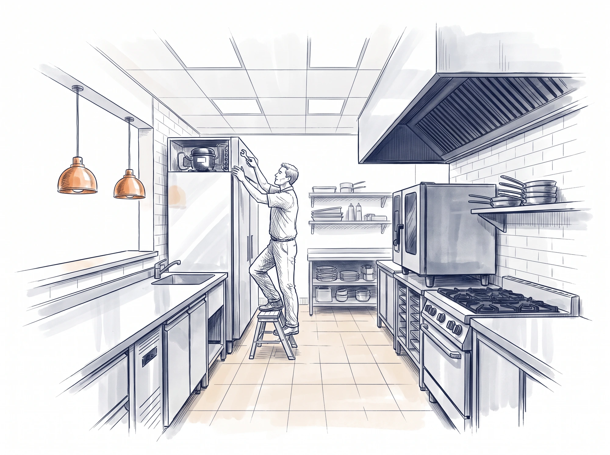 Illustration au trait d'une cuisine professionnelle équipée de matériel CHR