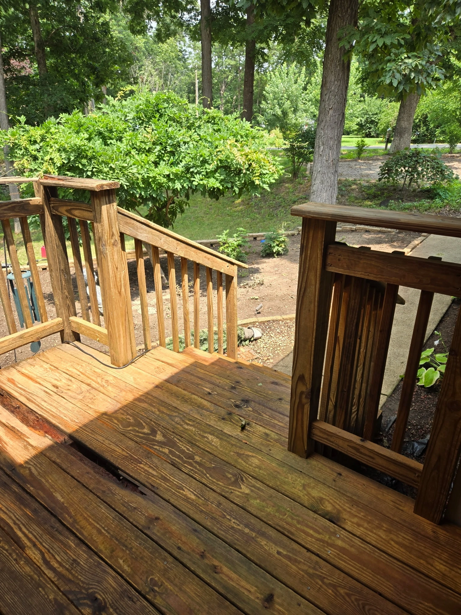 Refinished wood deck with fresh stain, overlooking a wooded backyard