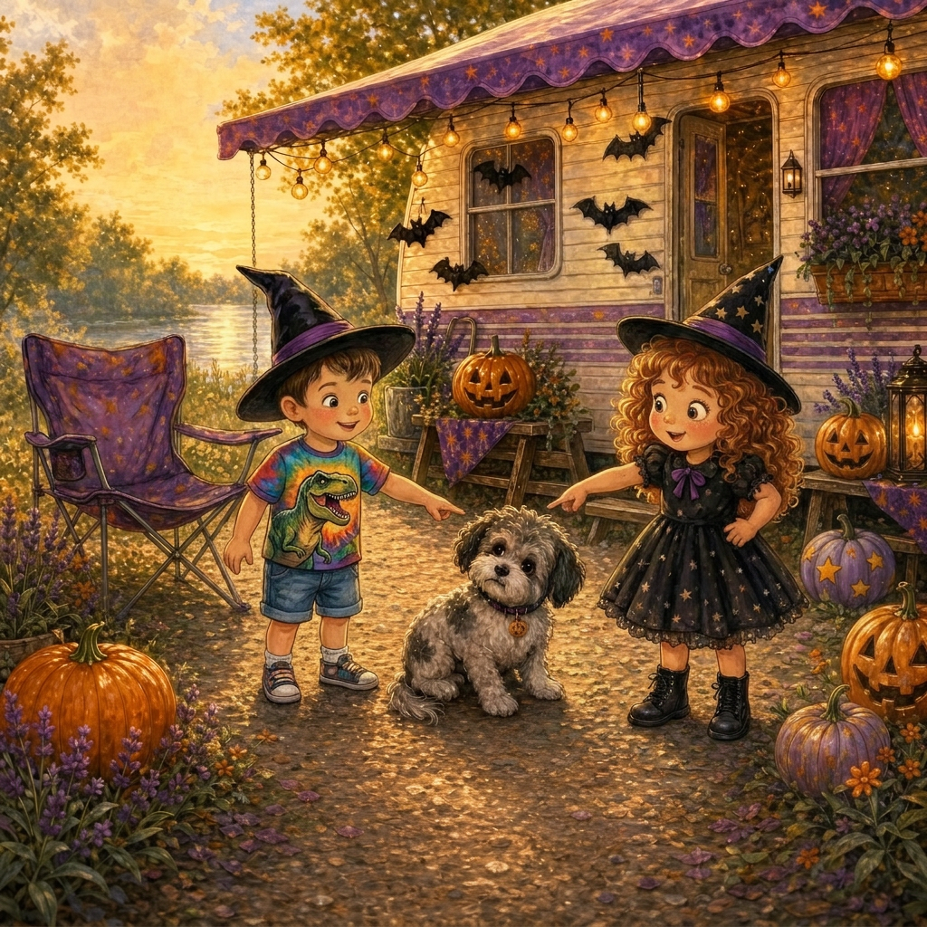 Illustration of Charlie and her cousin Jaxon at Grandma Cora's for Charlie: The Pumpkin Switch